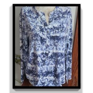 Relativity Blue Marble-Print Button-Front Placket Top Size 1x